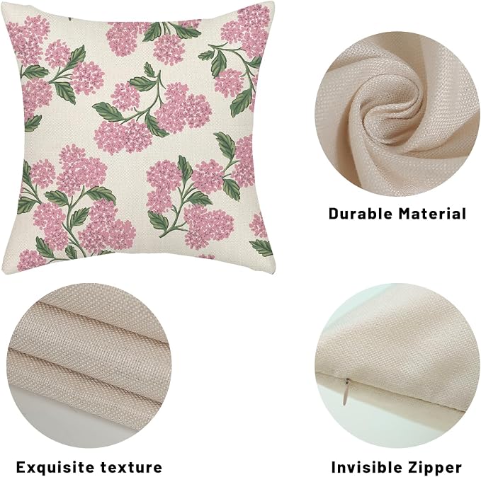 Preppy Pink Spring Pillow Covers 16x16 Inch 2 Pcs Green Hydrangea Flower Decor - Image 7