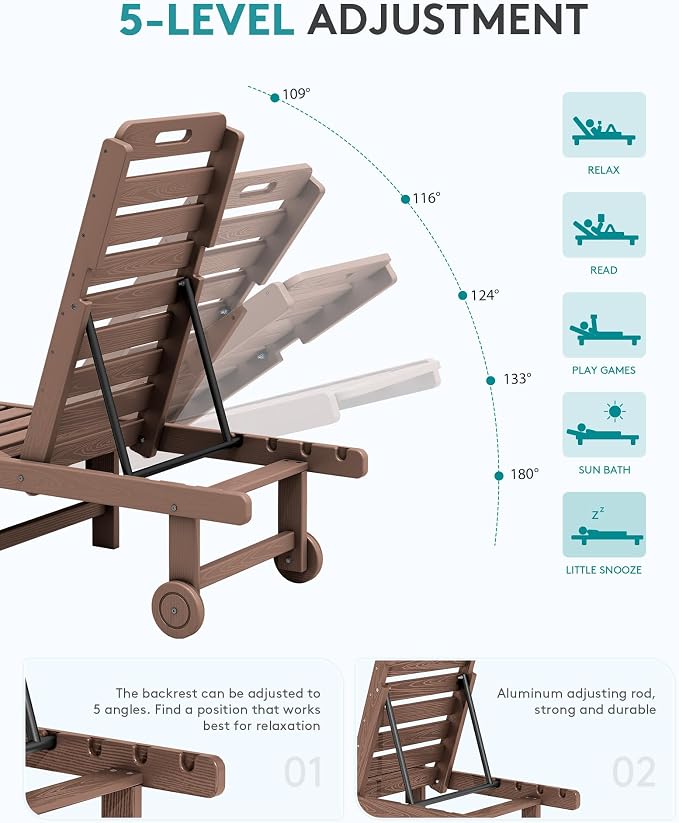 SERWALL Patio Chaise Lounge, HDPE Outdoor Lounge Chair - Image 5