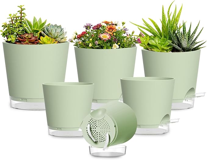 Plant Pots 4/5/5.5/6/6.5/7 Inch Self Watering Pots, 6 Pack Plastic Planters by SQKH