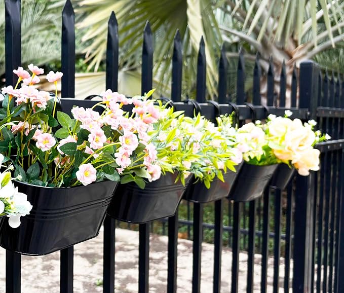 6 Pack Metal Hanging Planter for Outdoor Plants, 10 Inch Black Fence Planters - Image 7