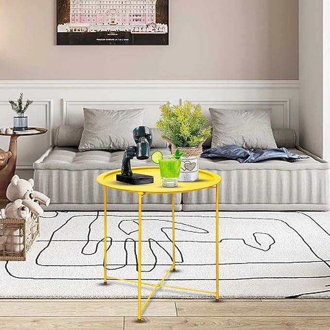 Garden 4 you End Table 2 PCS Metal Side Table Yellow Round Folding Tray Cyan - Image 2