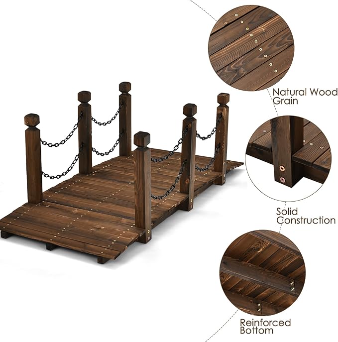 Tangkula 5 FT Wooden Garden Bridge, Arc Footbridge w/Safe Chain Railings - Image 5