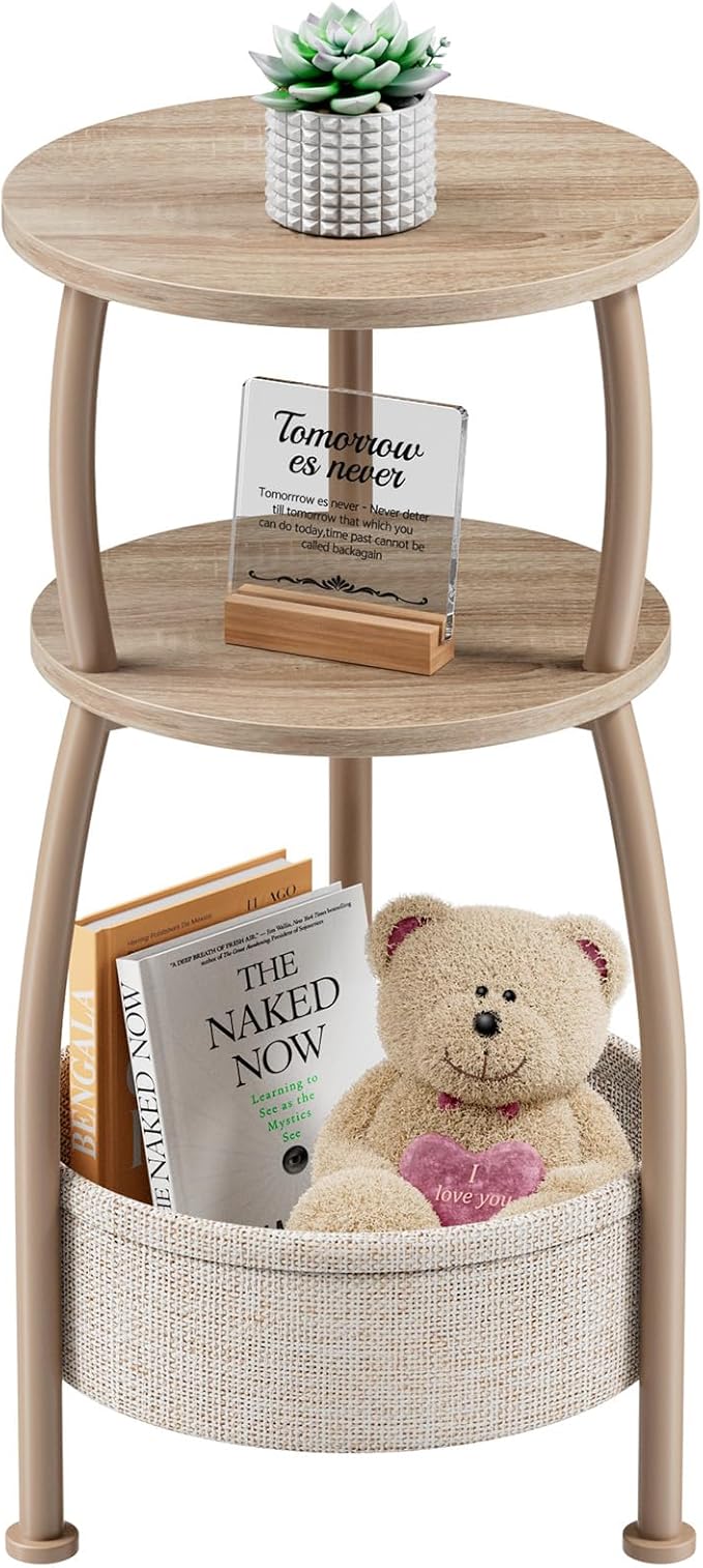 Small Side Table with Storage Basket, Space Saving Round End Table 3-Tier by designyourhome