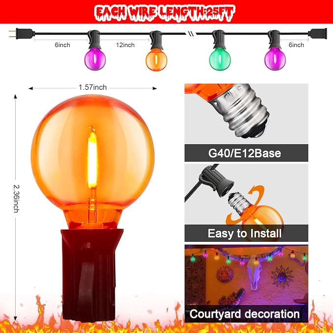LED Outdoor String Lights 25Ft Orange Purple and Green Halloween Lights Outdoor - Image 2