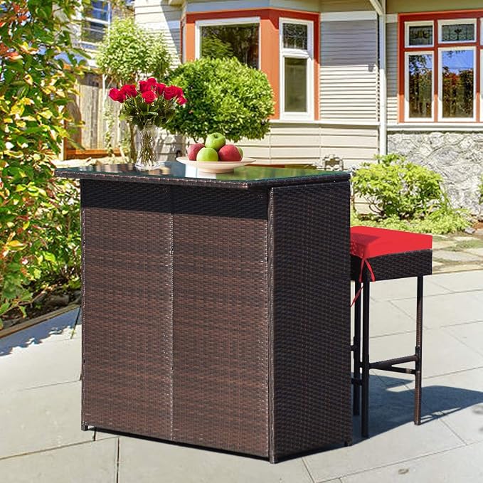 HAPPYGRILL 3-Piece Patio Bar Set Rattan Wicker Bar Stools & Table - Image 3