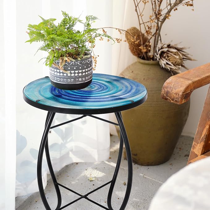 VCUTEKA Patio Side Table Outdoor Accent Table Small Mosaic Table Coffee Table - Image 2