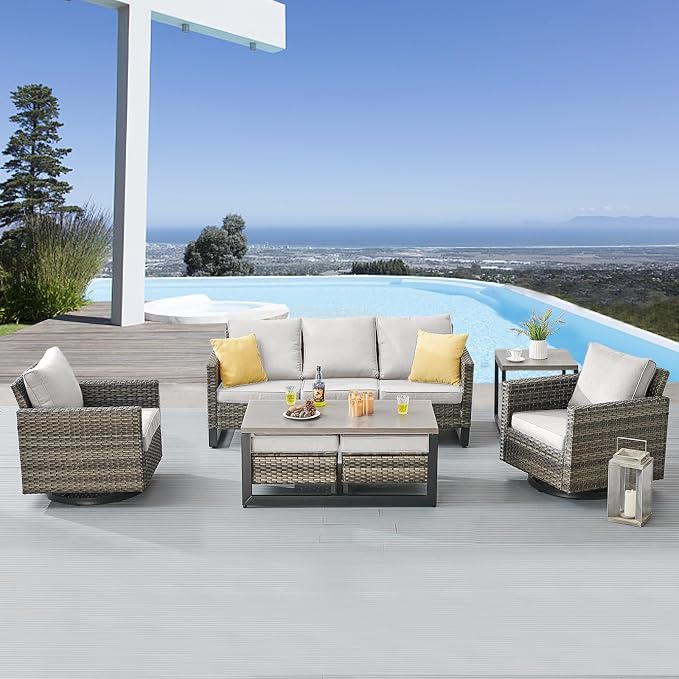 Belord 7 PCS Outdoor Furniture Set, Mixed Grey Wicker, Includes Swivel Rocker - Image 2