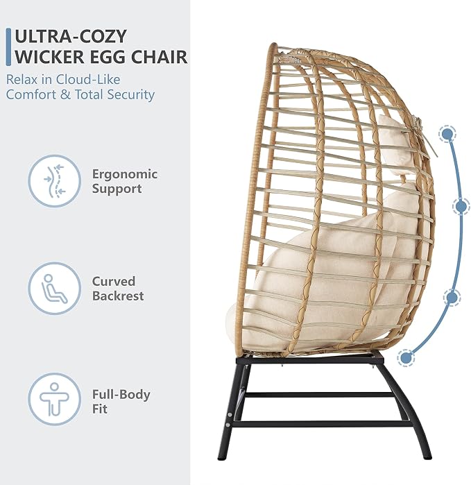 SWITTE Double Wicker Egg Chair Outdoor, Indoor 2-Person Papasan Loveseat - Image 6
