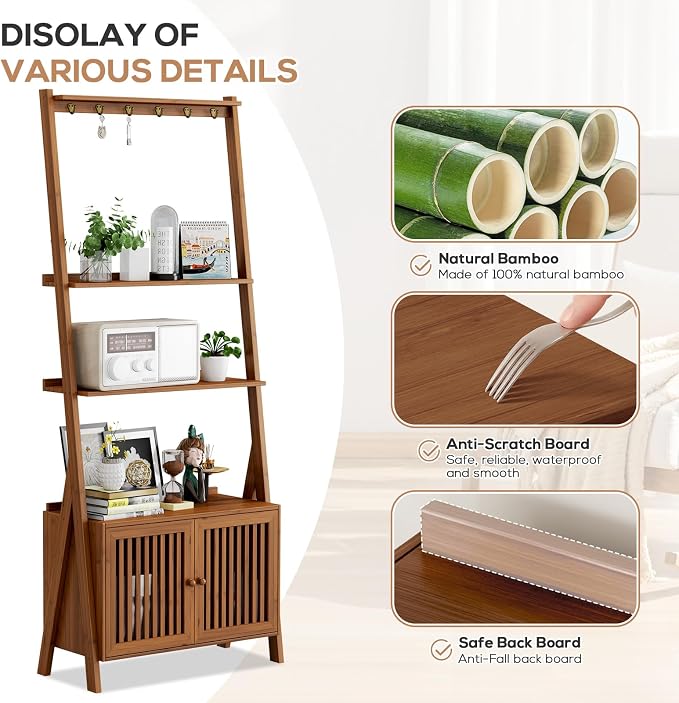 Bookcase with Drawers, 4-Tier Bamboo Bookshelf Ladder Shelf with 6 Hooks - Image 2