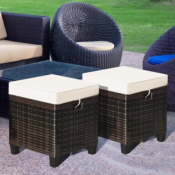 Tangkula 2 Pieces Outdoor Patio Ottoman, All Weather Rattan Wicker Ottoman Seat - Image 5