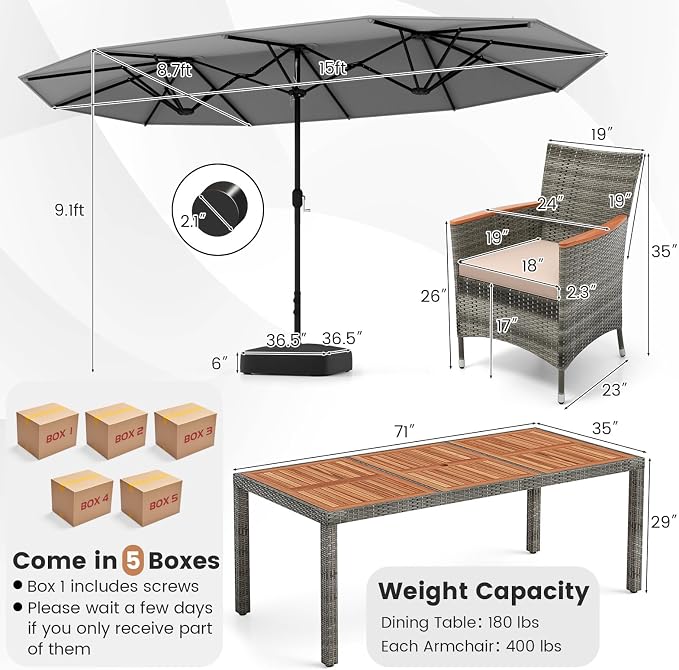 Tangkula 10 Pieces Patio Wicker Dining Set w/Double-Sided Patio Umbrella - Image 4