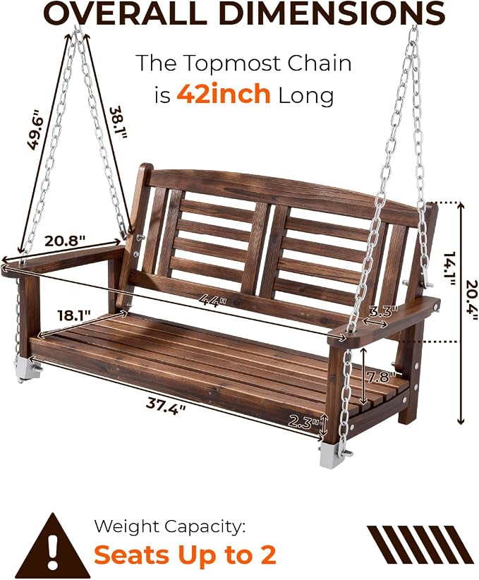 Outvita Wooden Porch Swing, Outdoor Patio Swing, Room 600 lbs Capacity Fir Wood - Image 3