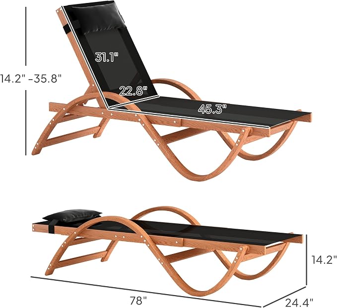 Outsunny Larch Wood Lounge Chair, 4-Level Adjustable Tanning Chair, Full Flat - Image 3