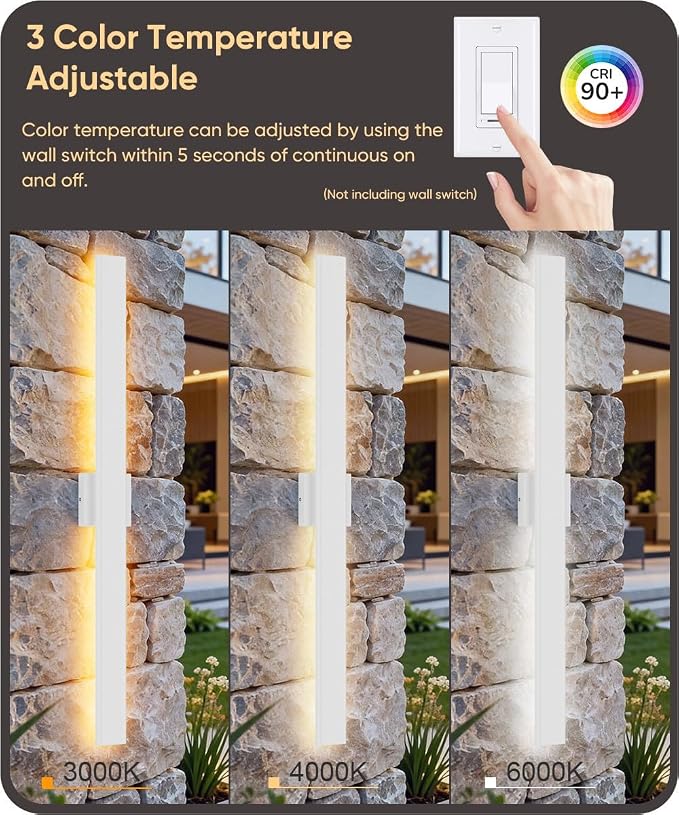 Aipsun 2 Packs Outdoor Wall Sconce, 3000K 4000K 6000K, 39.4in Modern White - Image 2