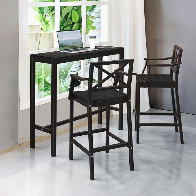 Outdoor Bar Height Table and Chairs Set, 3 Piece Black Top and Bronze Leg Patio - Image 2
