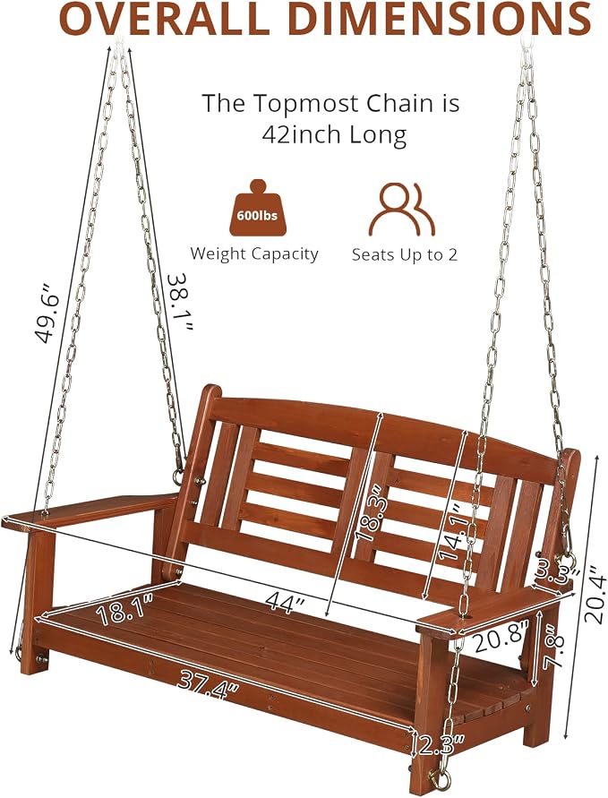 Outvita Porch Swing, Room 600lbs Capacity Fir Wood - Image 2