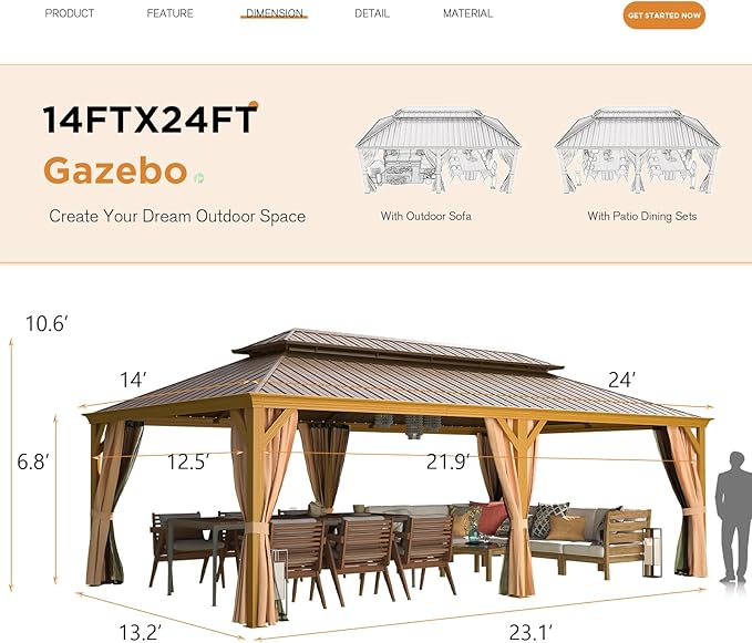 EROMMY 14'x24' Hardtop Gazebo, Galvanized Steel Double Roof - Image 3