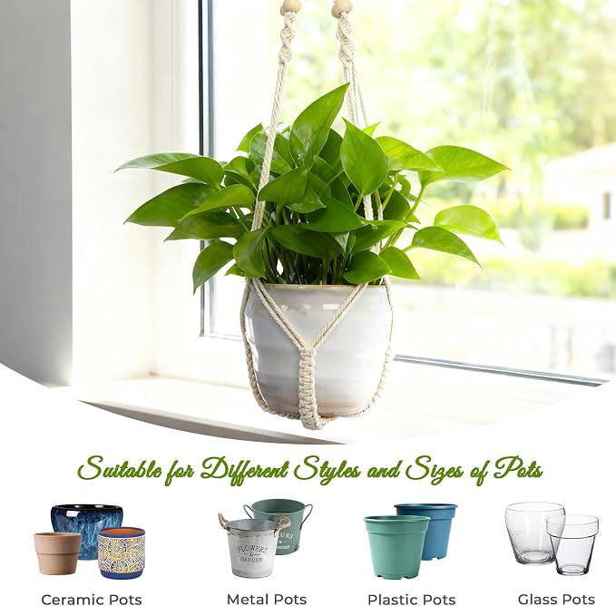 Macrame Plant Hanger, Wood Beads Cotton Hanging Planter Holder - Image 6