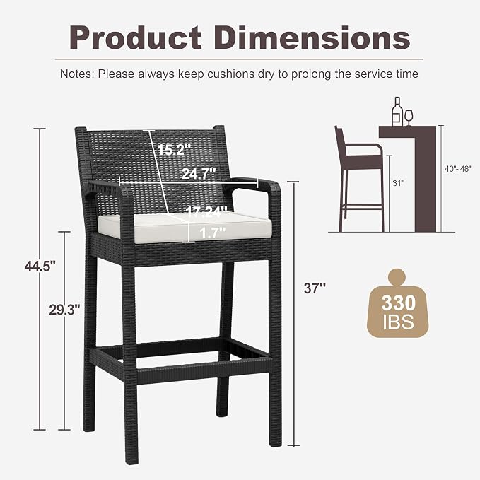 Outdoor Bar Stools Set of 2, Wicker Bar Chair - Image 3