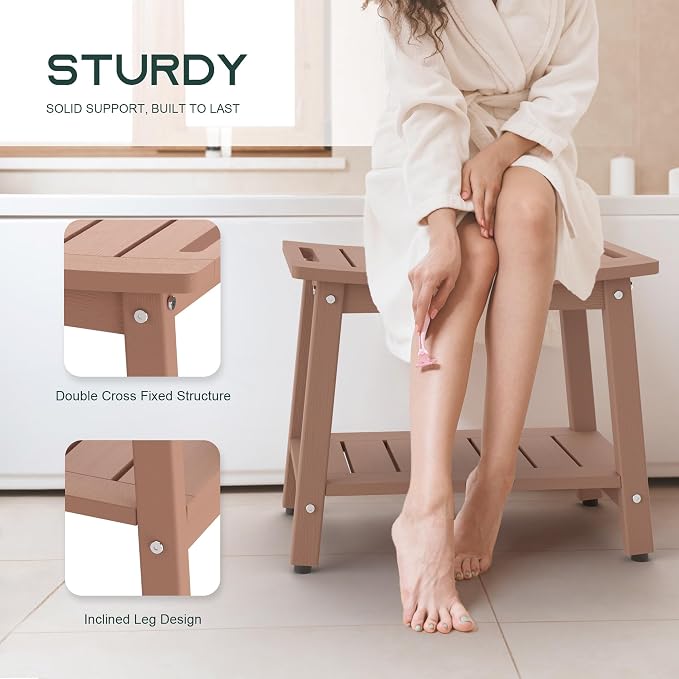 Shower Bench for Inside Shower, Teak Brown HDPE Shower Stool Waterproof - Image 4