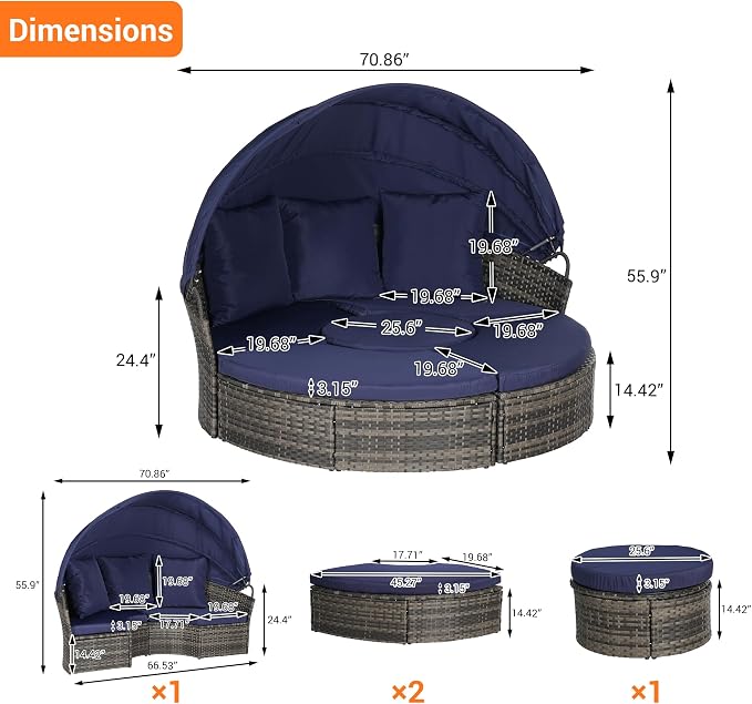Merax 5 Pieces Outdoor Patio Round Daybed Furniture, All-Weather Wicker - Image 2