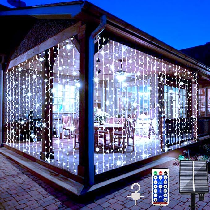 Solar Curtain Lights Outdoor Garden 300 LED Fairy String Lights 8 Modes Remote by Whywhife