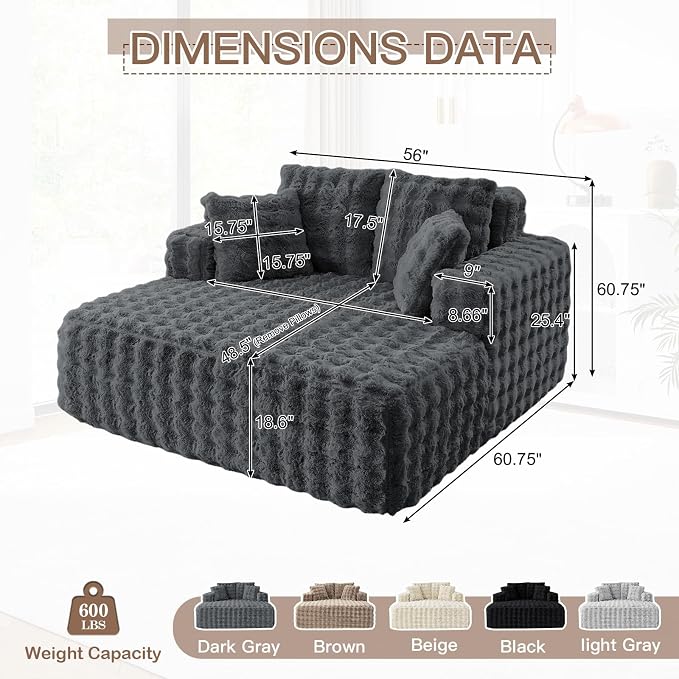 56" W Oversized Chaise Lounge Chair Indoor, Plush Faux Fur Sleeper Couch Sofa - Image 2