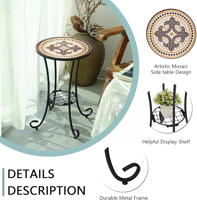 VCUTEKA Outdoor Side Table Mosaic Patio Table Accent Tables Mosaic Tile Top - Image 6