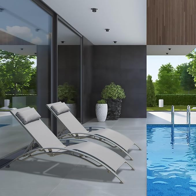 Domi Pool Lounge Chairs Set of 2, Adjustable Aluminum Outdoor Chaise Lounge by domioutdoorliving