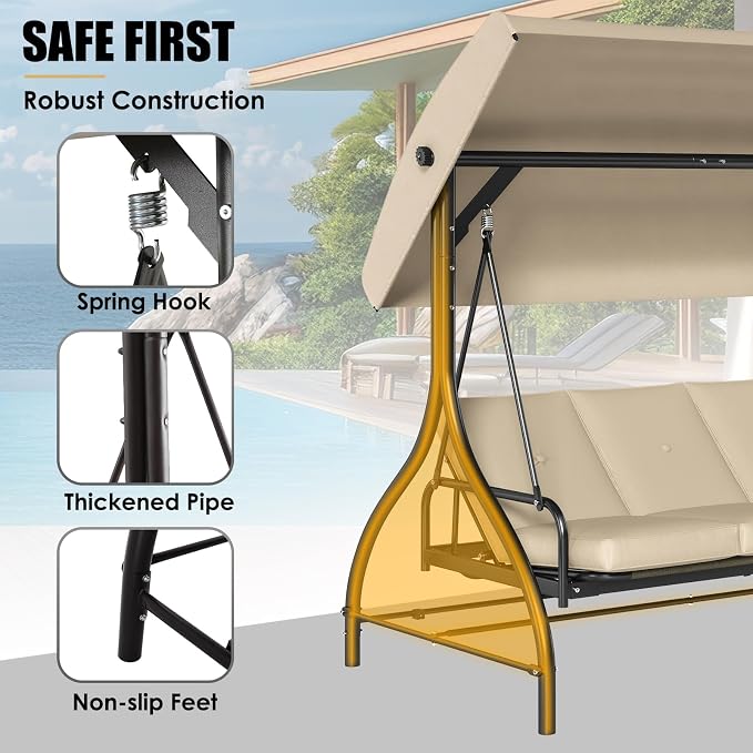 MAMIZO 3-Seat Patio Swing with Adjustable Canopy & Backrest, Outdoor Porch - Image 5