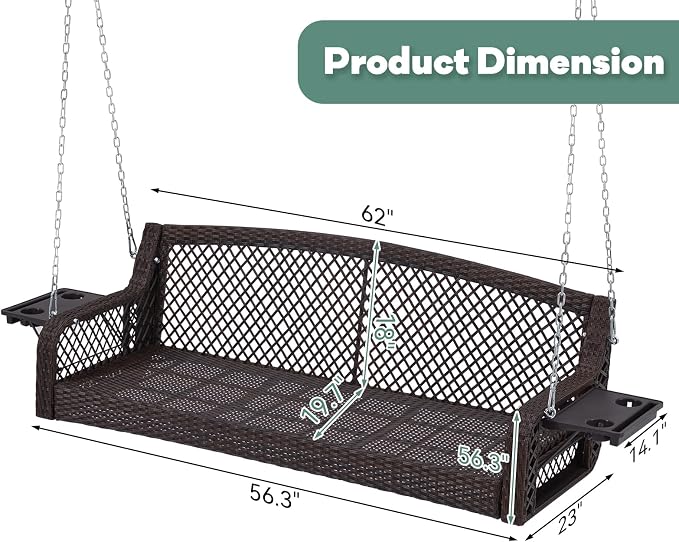 3 Seat Porch Swing, Wicker Patio Swing - Image 7