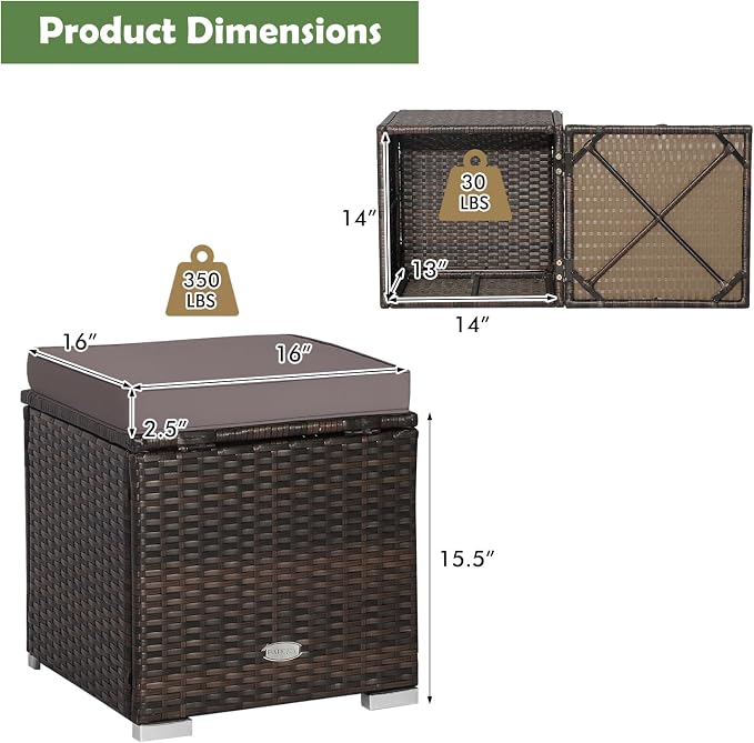 DORTALA Outdoor Storage Ottoman Wicker 2 Piece, Patio Ottomans PE Rattan Foot - Image 3