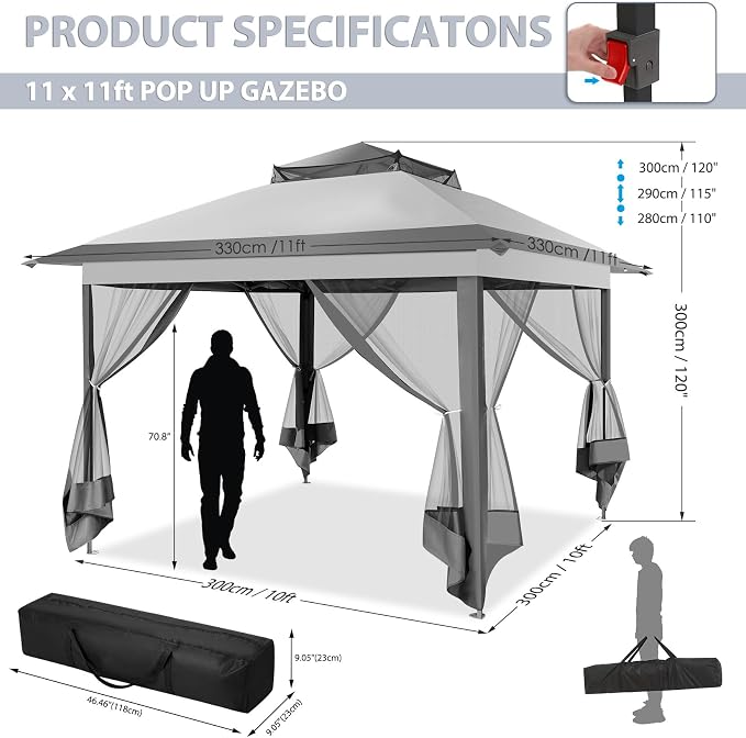 COBIZI 11x11 Pop Up Gazebo One-Push Canopy Tent, Carpas Para Patio, Outdoor - Image 2