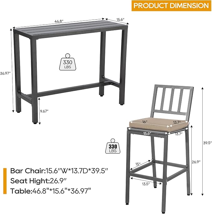 Outdoor Patio Bar Set, Bar Height Patio Dining Set, Weather-Resistant Bistro - Image 6