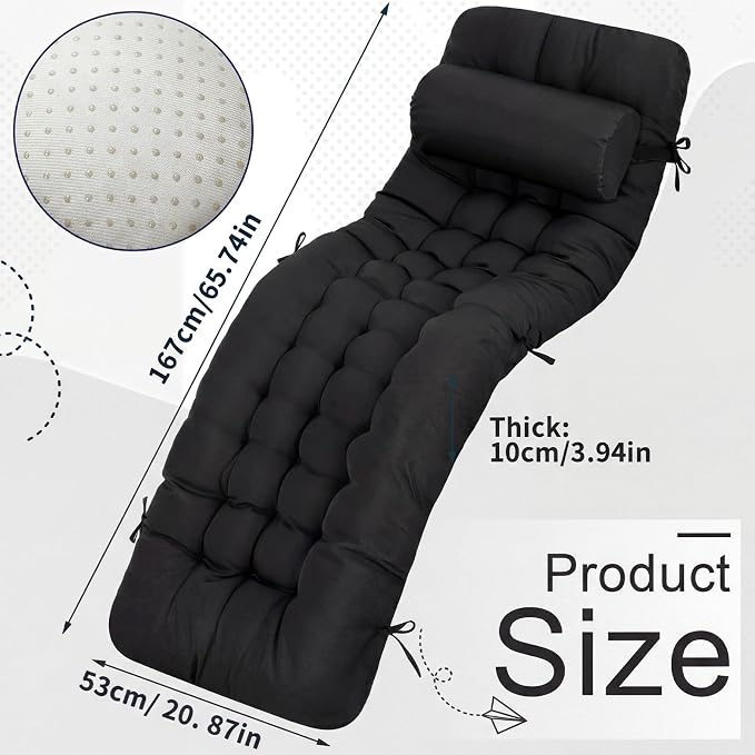 Tudomro 1 Pcs Black 66'' Outdoor Chaise Lounge Cushion Waterproof Patio Lawn - Image 2