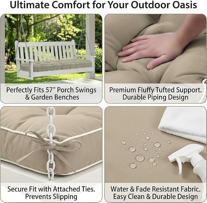 3 Seat 57 Inches Outdoor Porch Swing Cushions, Water-Resistant Tufted Patio - Image 3