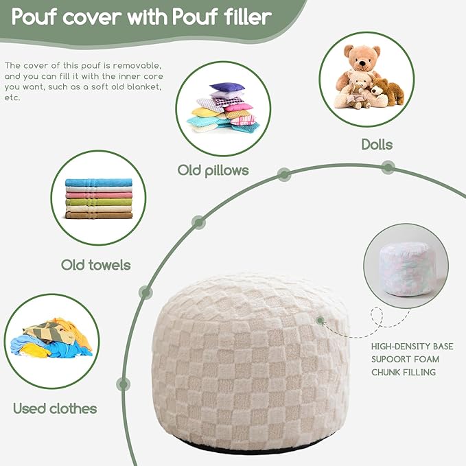 HIGOGOGO Round Stuffed Pouf Ottoman, Plaid Poufs - Image 3