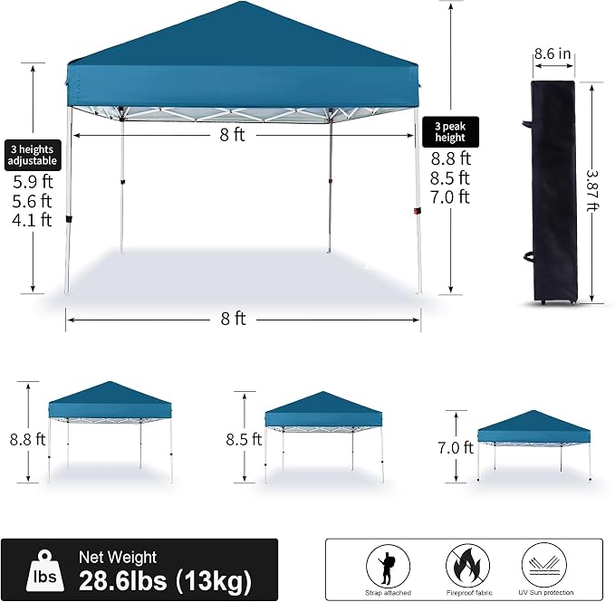 Pop Up Canopy 8X8 FT, Portable Sun Instant Shelter w/Backpack Bag, Waterproof - Image 2
