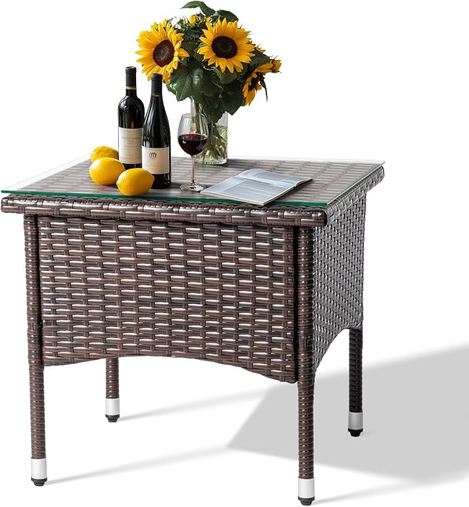 VINGLI Outdoor Wicker Side Table Patio Side Tables by VINGLI