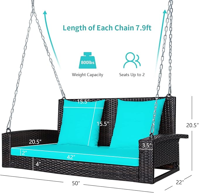 RELAX4LIFE Porch Swing 2-Seat Patio Rattan, Wicker Porch Swings Outdoor W/Two - Image 8