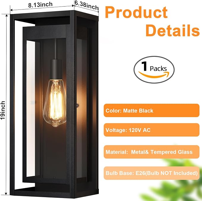 19" Outdoor Wall Lights, Large Size Matte Black Outdoor Sconce Lights - Image 5