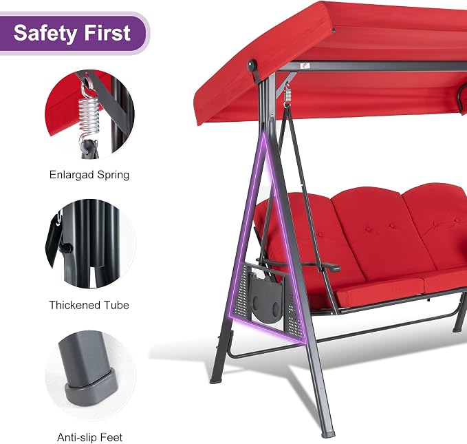 PURPLE LEAF 3-Seat Outdoor Patio Porch Swing - Image 6