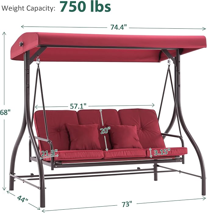 MCombo 3-Seat Outdoor Patio Swing Chair, 2-in-1 Convertible Porch Swing Glider - Image 5
