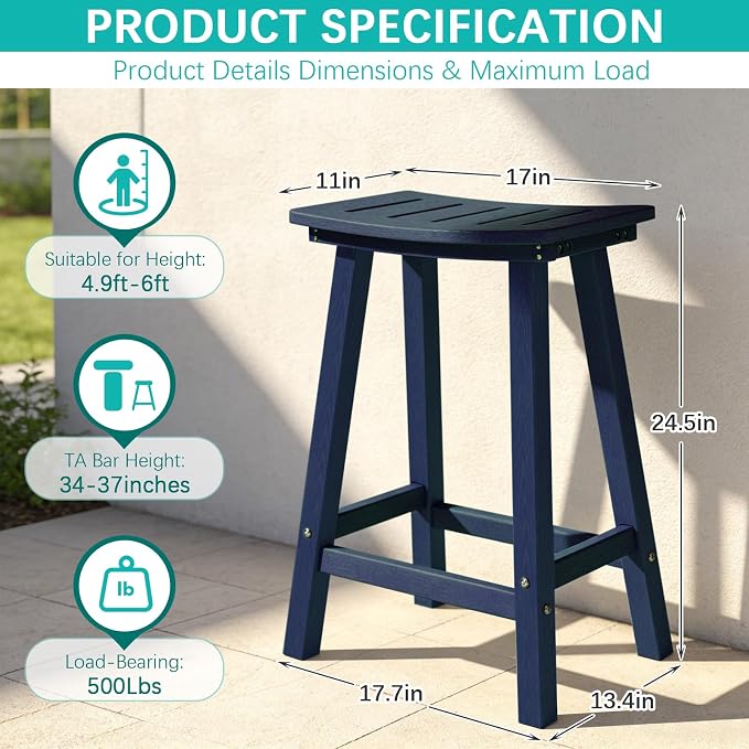 Outdoor Bar Stools Set of 4, 24 Inch All-Weather HDPE Counter Height Chairs - Image 3