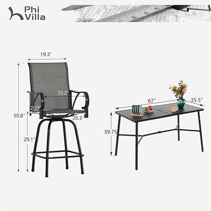 PHI VILLA 7 Piece Outoor Bar Dining Set, High Top Patio Bar Table and Chairs Set - Image 9