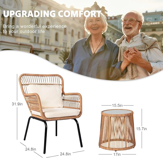 3 Piece Outdoor Wicker Furniture Bistro Set, Rattan Chairs Conversation Sets - Image 5