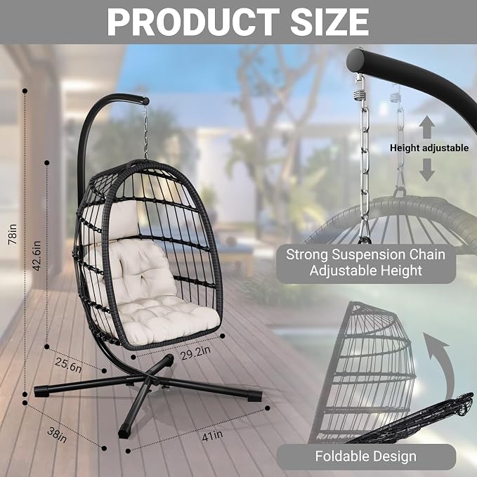 CHABATREE Egg Chair with Stand, Patio Rattan Wicker Hanging Swing Egg Chair - Image 4