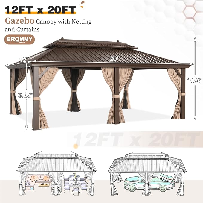 EROMMY 12' x 20' Gazebo Hardtop Double Roof Galvanized Steel Canopy - Image 2