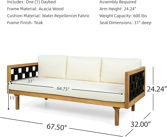 Merax Outdoor 3 Seater Daybed, Acacia Wood Patio Day Bed Couch Sofa - Image 2