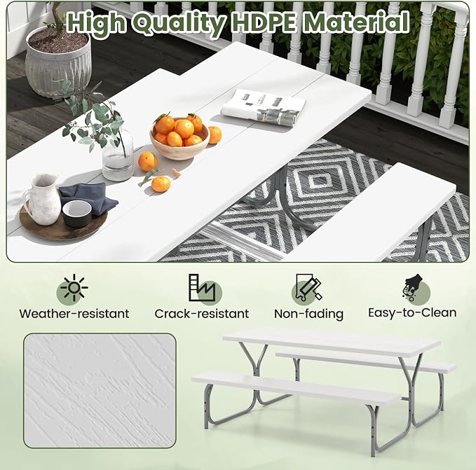 Giantex Picnic Table 6FT for 8 Person, Outdoor Table Set w/ 2 Benches, - Image 6